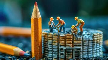 Miniature construction workers building a pencil-shaped structure on a textured surface photo