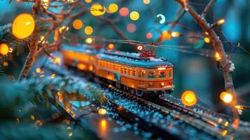 Miniature vintage train traversing a snowy track adorned with festive lights in a cozy setting photo