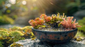 Vibrant miniature garden in a rustic bowl, bathed in sunlight with lush greenery in the background photo
