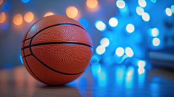 Close-up of an orange basketball on a wooden table with colorful bokeh lights in the background photo