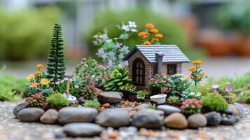 Miniature garden scene featuring a detailed house surrounded by vibrant flowers and rocks photo