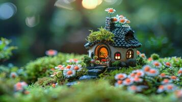 Enchanted miniature house surrounded by vibrant flowers and lush greenery in a serene forest setting photo