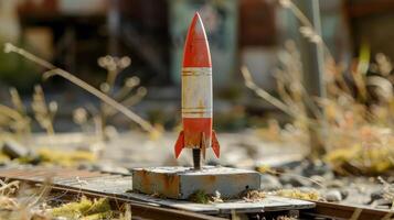 Vintage model rocket standing on a weathered base amidst overgrown grass and abandoned buildings photo