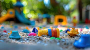 Colorful children's toys scattered on sandy playground surface with blurred background structures photo