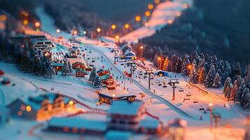 Winter ski resort at twilight with illuminated slopes and cozy cabins in the background photo