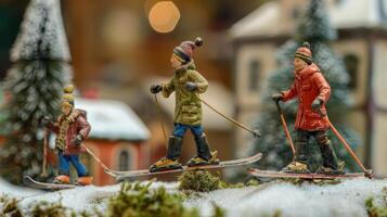Miniature figurines skiing on a snowy landscape with festive buildings in the background photo
