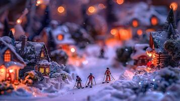 Miniature winter scene with skiers on a snowy path surrounded by illuminated houses and trees photo