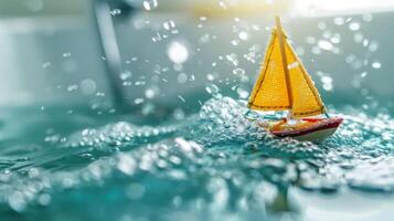 Miniature sailboat navigating through splashing water in a serene indoor setting photo