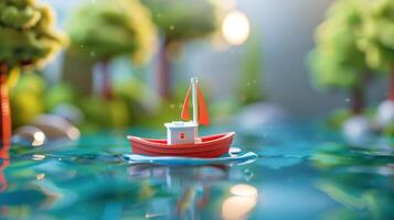 A small red sailboat gently floats on a serene lake surrounded by vibrant trees and sunlight photo