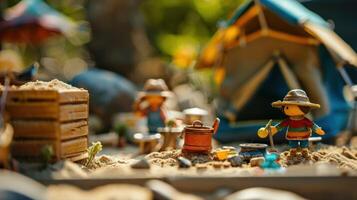 Miniature camping scene with characters preparing food and enjoying nature in a vibrant setting photo
