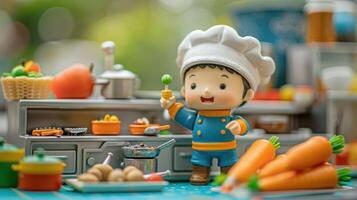 Cheerful miniature chef character holding a green vegetable in a vibrant kitchen setting photo