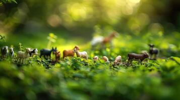 Miniature plastic animals scattered in a lush green garden, creating a whimsical scene photo