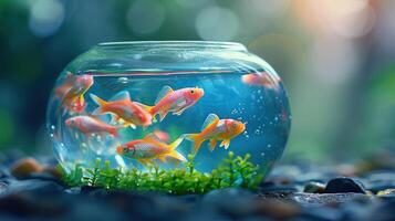 A serene scene of colorful goldfish swimming in a glass bowl surrounded by lush greenery and soft sunlight photo