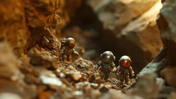 Miniature astronauts exploring a rocky canyon, highlighting adventure and discovery in nature photo