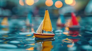 Colorful miniature sailboats floating on a shimmering water surface with blurred lights in the background photo