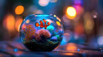 Vibrant aquarium scene featuring clownfish amidst colorful coral and soft bokeh background photo