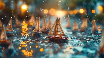 Miniature sailboats navigating a shimmering waterway amidst a vibrant, illuminated background photo