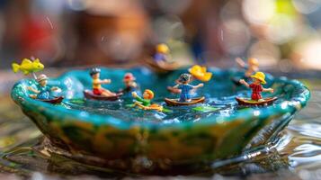 Miniature figures enjoying a vibrant boat ride in a decorative bowl amidst a lively background photo