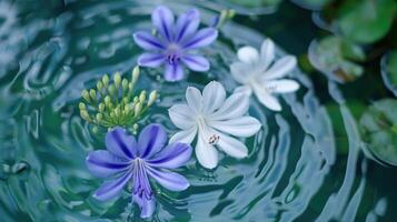 Colorful water flowers floating on tranquil water surface with ripples and greenery background photo