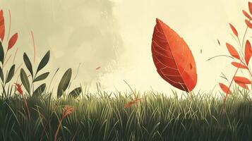 Vibrant red leaf floating above lush green grass in a serene, softly lit forest setting photo