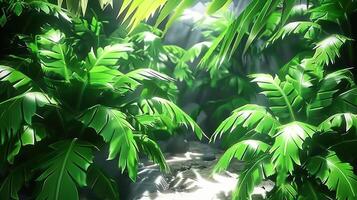 Lush green foliage surrounding a tranquil waterfall in a serene jungle setting photo