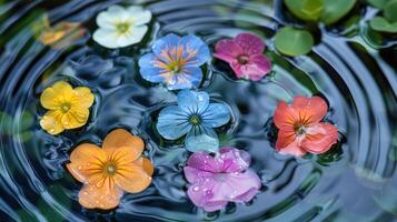 Colorful flowers floating on water surface, creating ripples, surrounded by greenery photo