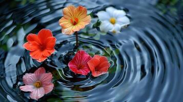 Vibrant flowers floating on tranquil water surface, creating ripples, surrounded by lush greenery photo