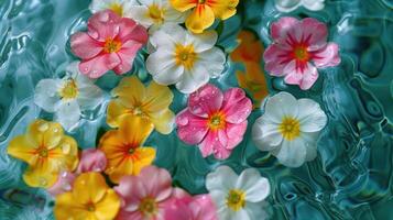 Colorful flowers floating on water surface, creating a serene and vibrant natural scene photo