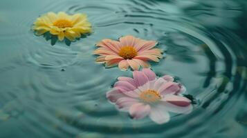 Three colorful flowers floating on water surface, creating ripples in a serene environment photo