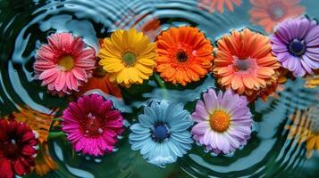 Colorful flowers floating on water surface, creating a vibrant natural scene with ripples photo