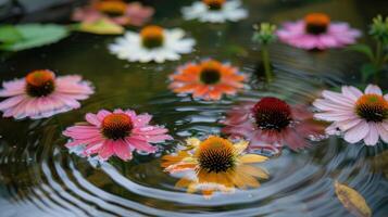 Vibrant flowers floating on a serene pond, creating a tranquil scene with rippling water photo