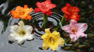 Vibrant Gladiolus Flowers Floating on Water Surface with Ripples and Pebbles in Background photo