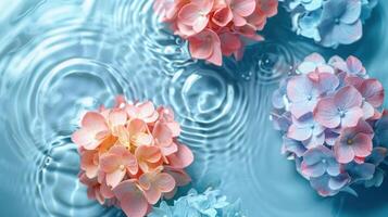 Vibrant pastel hydrangea flowers floating on tranquil water, creating ripples in a serene setting photo