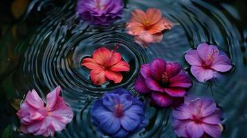 Vibrant flowers floating on tranquil water, creating ripples in a serene natural setting photo
