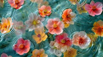 Colorful flowers floating on a serene water surface, creating ripples and reflections photo