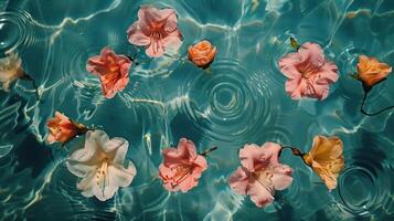 Colorful flowers floating on water surface with ripples, creating a serene and tranquil scene photo
