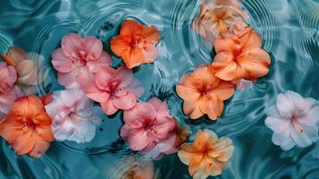 Vibrant assortment of pink and orange flowers floating on tranquil water surface with ripples photo
