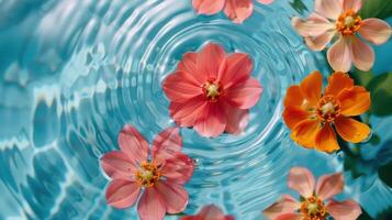 Colorful flowers floating on water surface creating ripples, serene aquatic environment photo