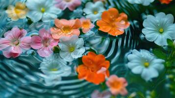 Colorful flowers floating on water surface, creating ripples, with serene natural ambiance photo