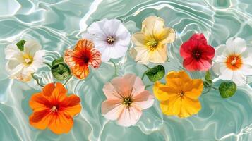 Vibrant assortment of colorful flowers floating on a shimmering water surface, creating a serene backdrop photo
