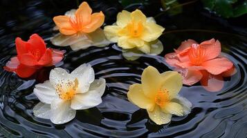 Vibrant Water Lilies Floating Gracefully on a Calm Pond Surrounded by Lush Greenery photo