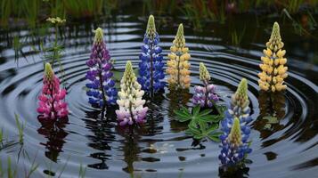Colorful lupine flowers rising from a serene pond, creating ripples in a tranquil natural setting photo
