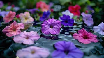 Vibrant close-up of colorful flowers floating on water, surrounded by lush greenery and soft reflections photo