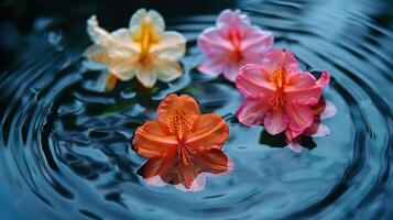Vibrant flowers floating serenely on water surface with gentle ripples, creating a tranquil scene photo