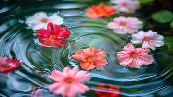 Vibrant flowers floating on a serene water surface, creating ripples in a tranquil garden photo