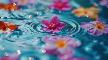 Colorful flowers floating on water surface with ripples, creating a serene and vibrant atmosphere photo