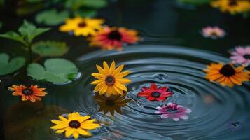 Vibrant flowers floating on a serene pond, creating ripples in the water, surrounded by lush greenery photo