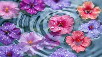 Vibrant assortment of colorful flowers floating on water surface with raindrops, serene ambiance photo