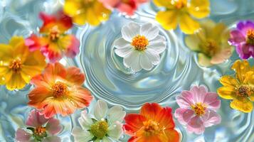 Vibrant assortment of colorful flowers floating on water with gentle ripples in serene setting photo