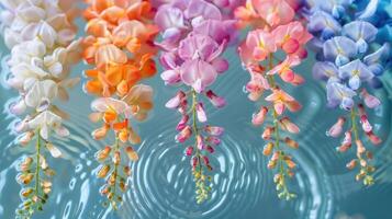 Colorful cascade of flowers floating on water, creating ripples, serene nature scene photo